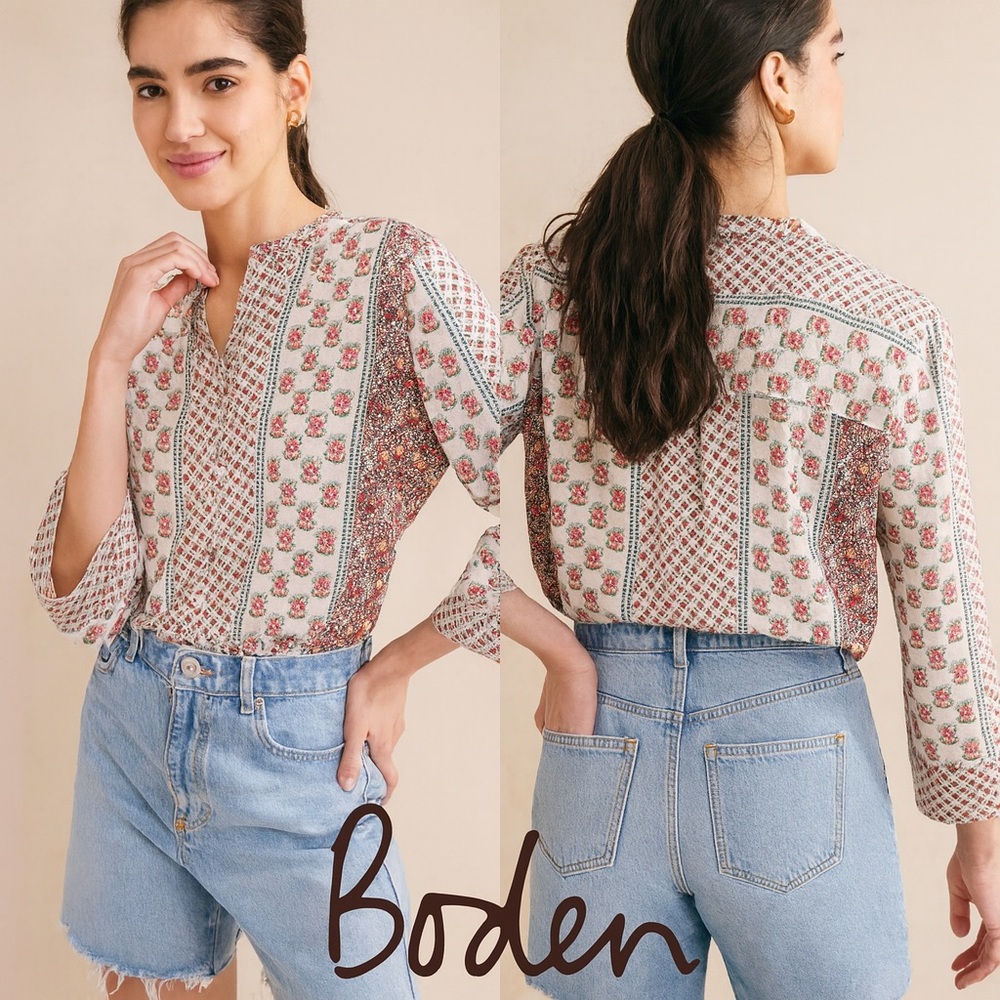 Boden Boho Floral Print Blouse Relaxed White Red 3/4 Sleeve NWT Sz 8 #170